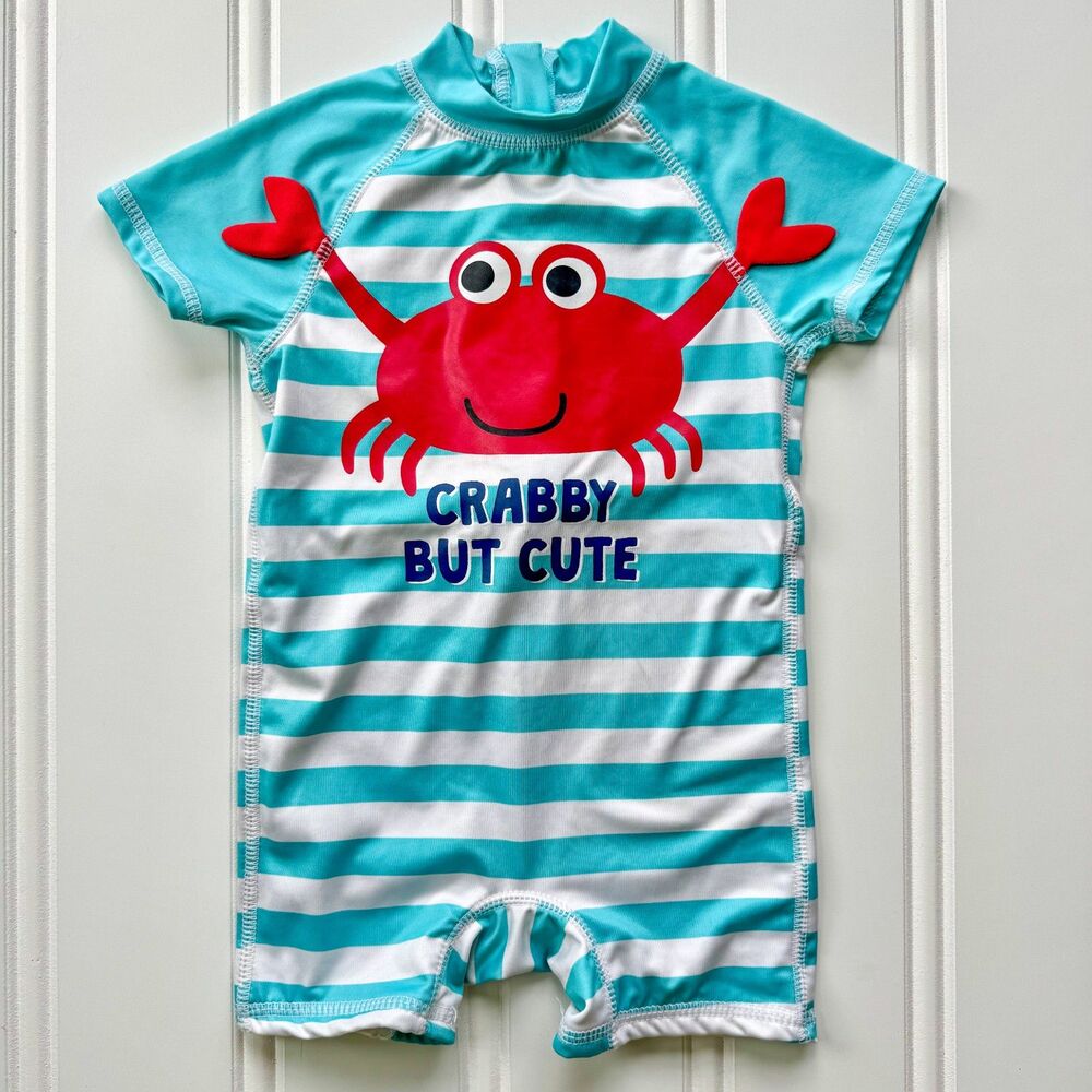Wippette “Crabby But Cute” Striped Baby Rash Guard Swimsuit | 12 Months